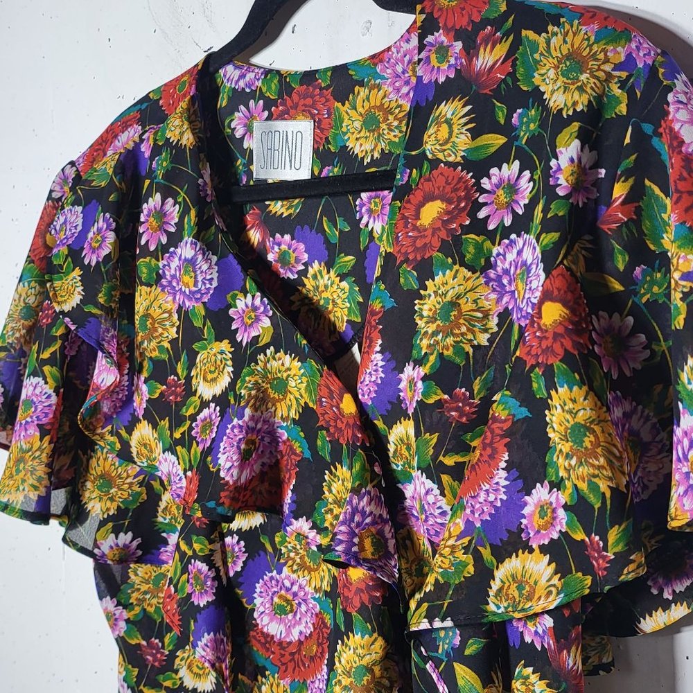 Vintage Sabino Floral Sheer Ruffle Button Up Blouse Size 10 Cottage Boho Spring - Picture 5 of 10